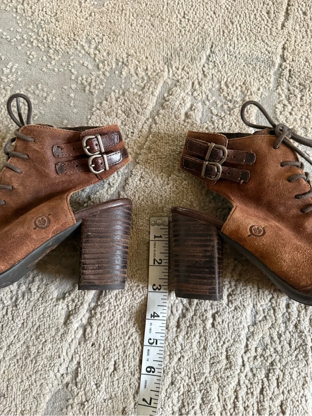 Born Blane brown leather and peep toe booties block heels lace up 6